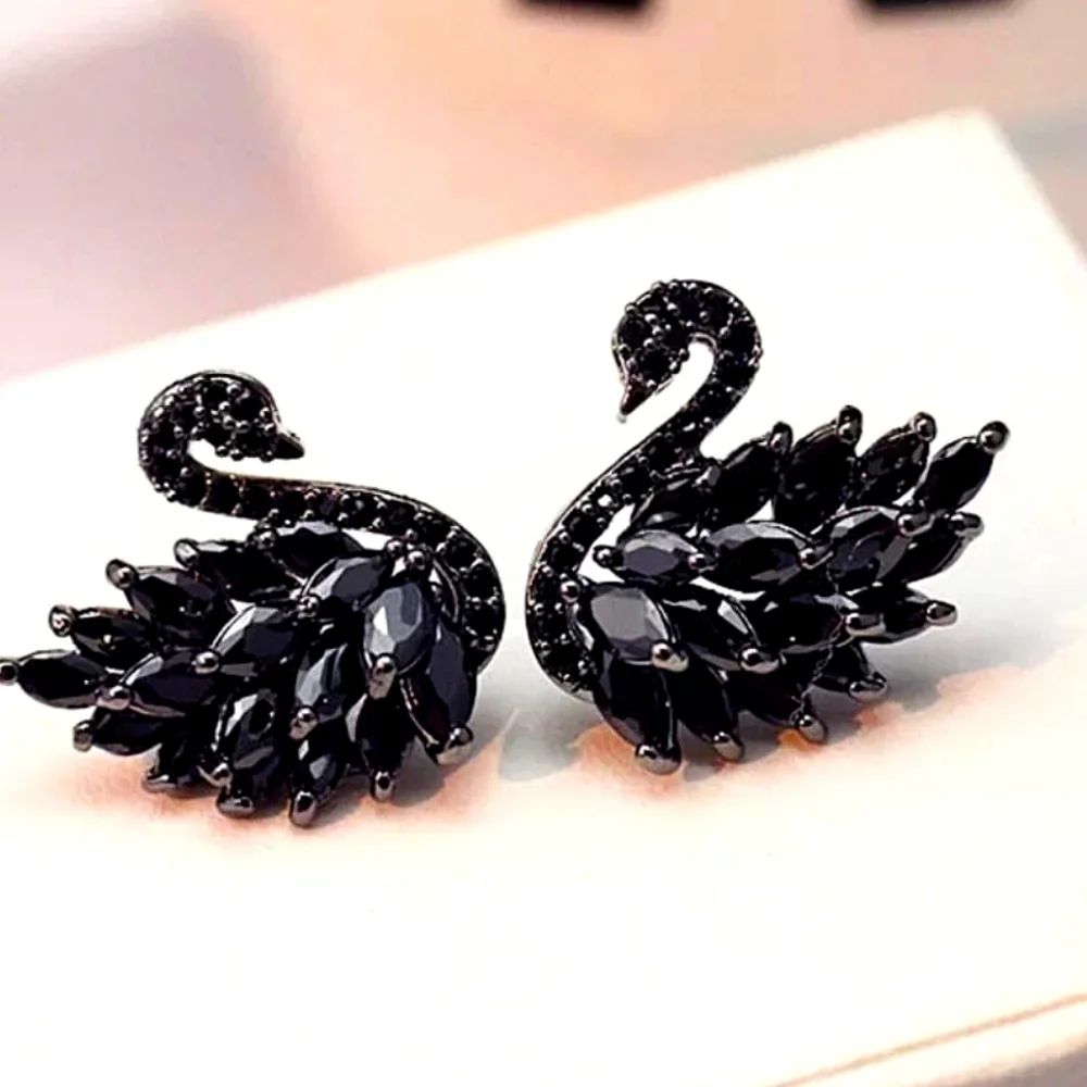 Elegant Black Swan Crystal Stud Earrings